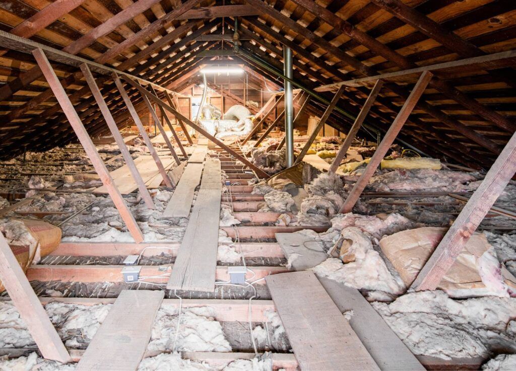 The attic of a house with a lot of wooden beams and stairs.