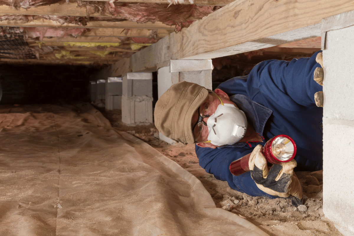 A man is crawling under a house while holding a flashlight.