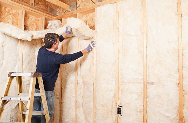 A man is standing on a ladder insulating a wall.