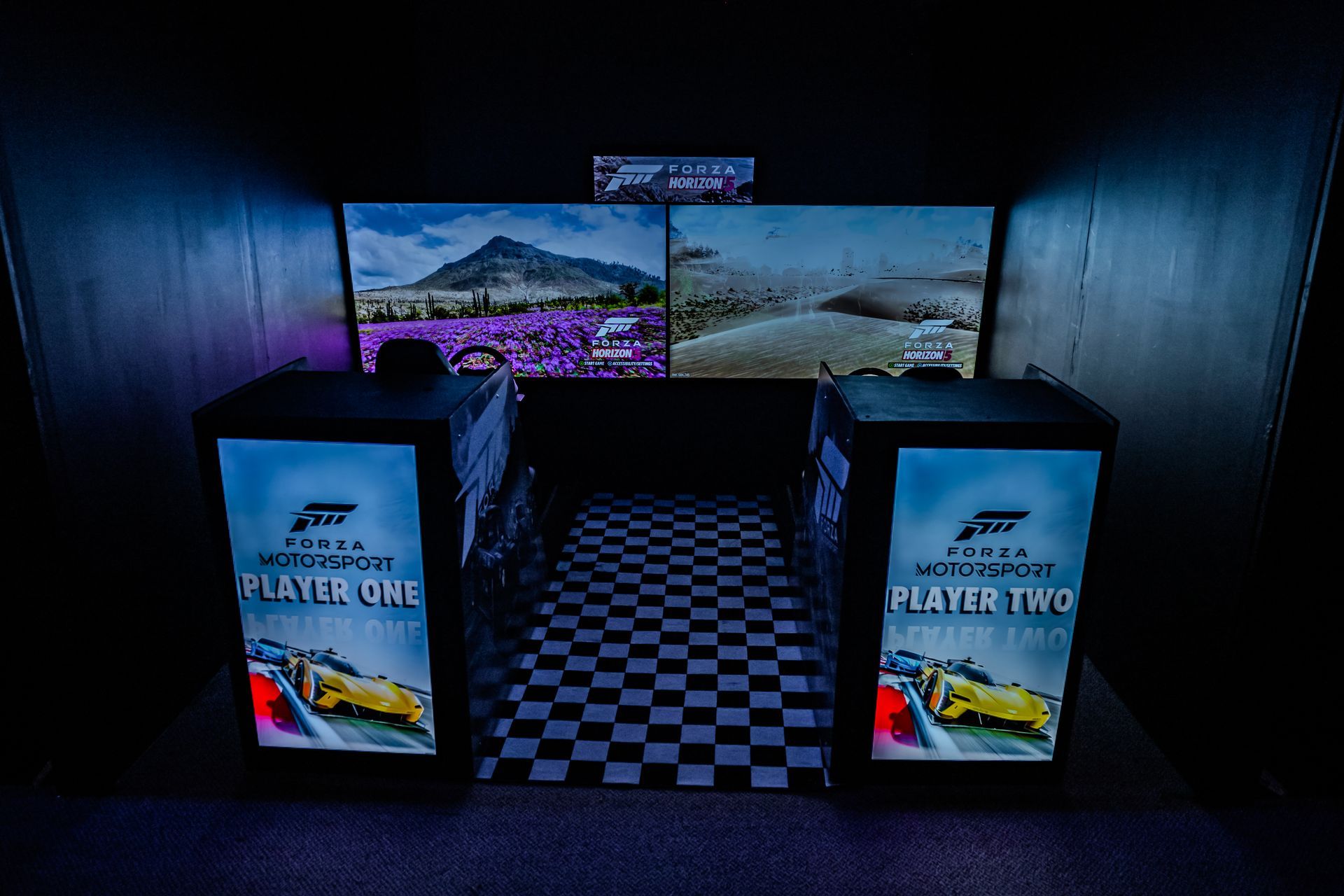 Two-player Forza Motorsport racing game setup with large screens displaying scenery.