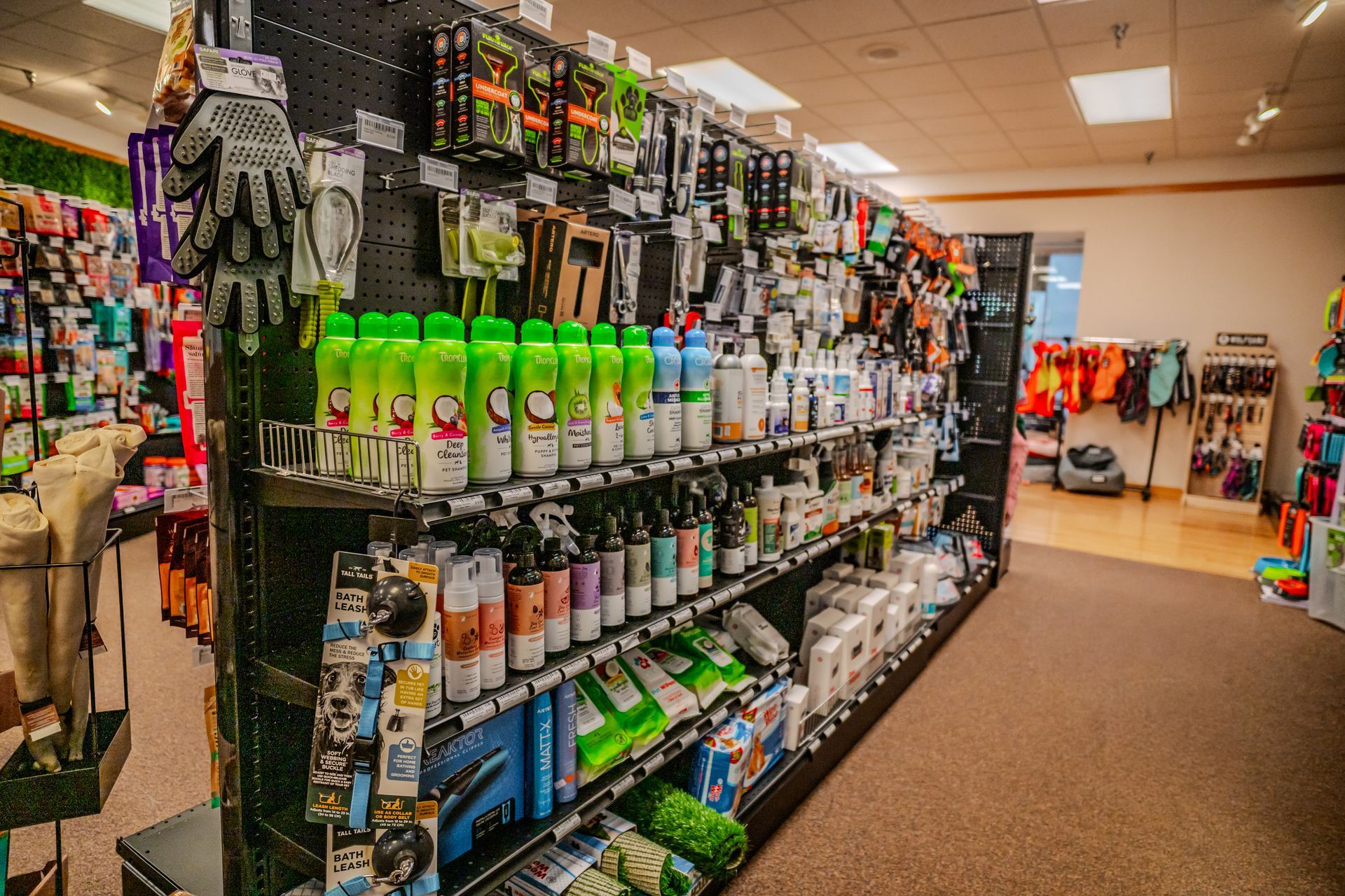 Shelves stocked with pet supplies in a store.