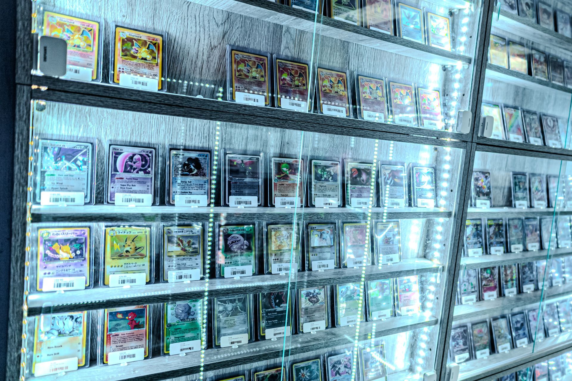 Display case filled with brightly lit, graded Pokémon trading cards.