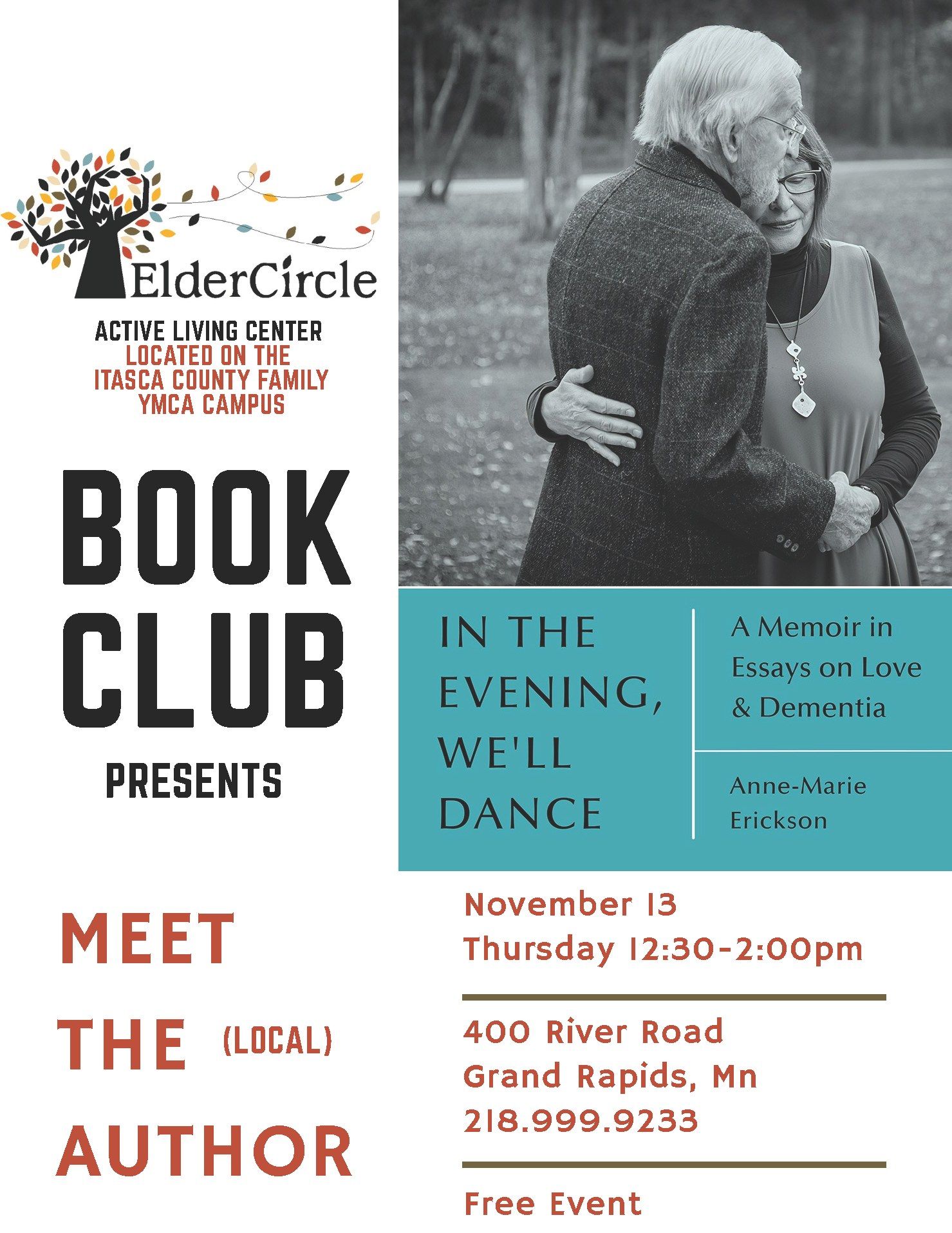 Poster for a book club event at ElderCircle in Grand Rapids, MN.