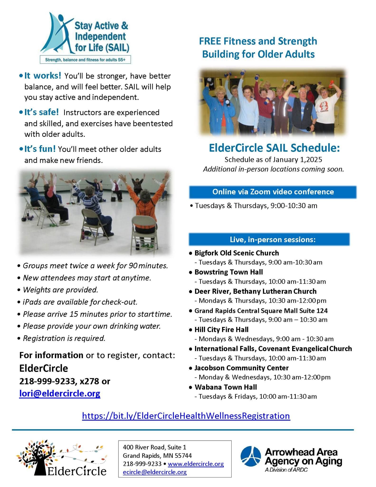 Flyer for fitness programs for seniors: Schedule, photos of seniors exercising, and contact information.