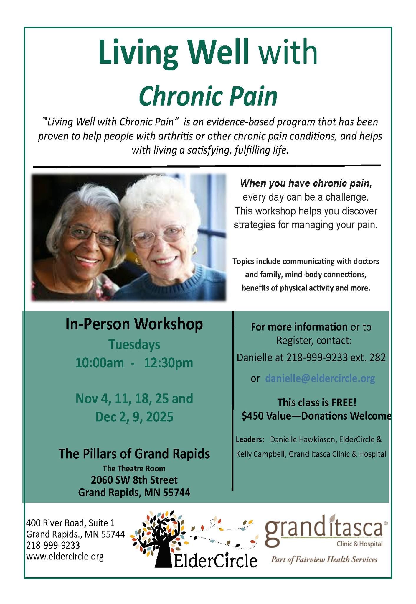 Flyer for a workshop on chronic pain. Two smiling women in the photo. Workshop details at the bottom.