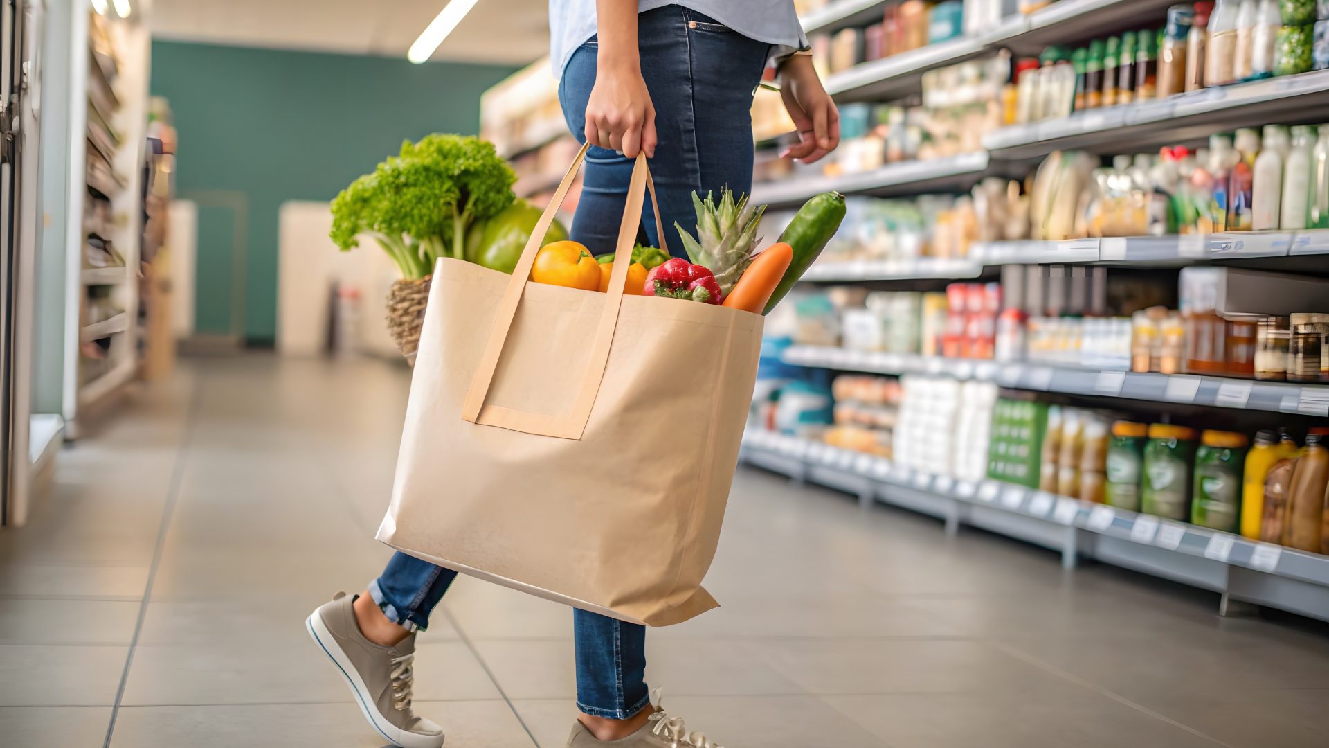 Person in jeans and sneakers carrying a brown paper grocery bag filled with produce in a supermarket aisle.