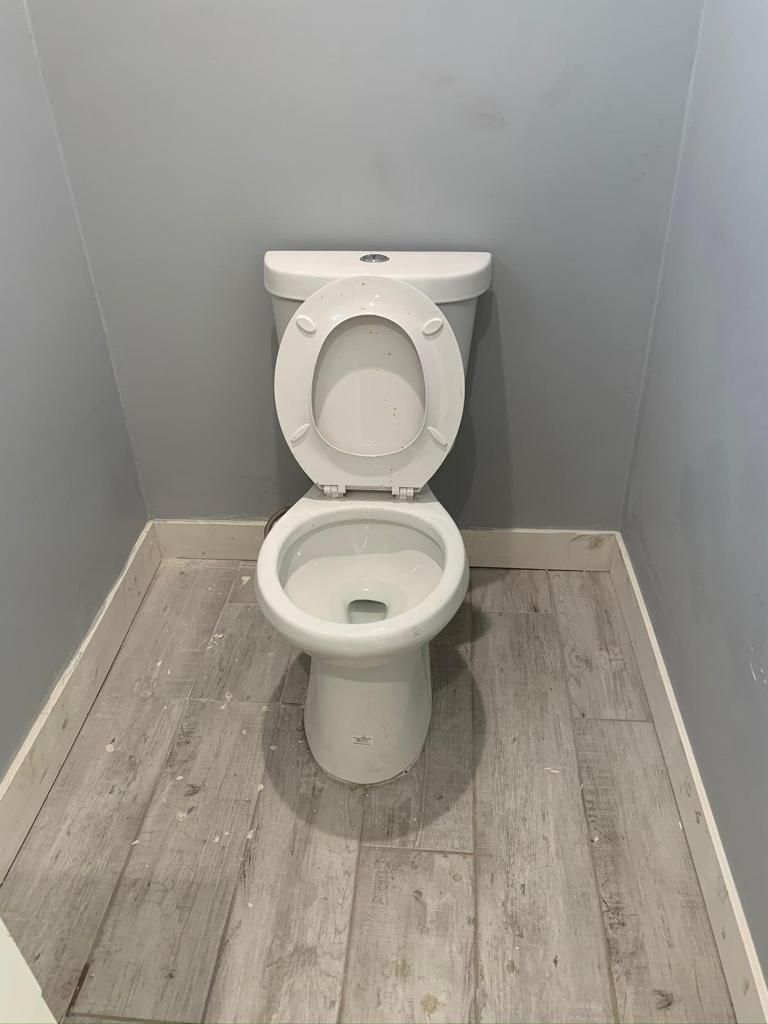 A toilet is sitting in a bathroom with a wooden floor.