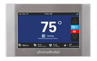 A digital thermostat displaying 75°F. Blue screen, silver frame, and options for setting temperature and fan mode.