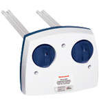 White and blue Honeywell humidifier, wall-mounted with two blue dials and two white tubes.