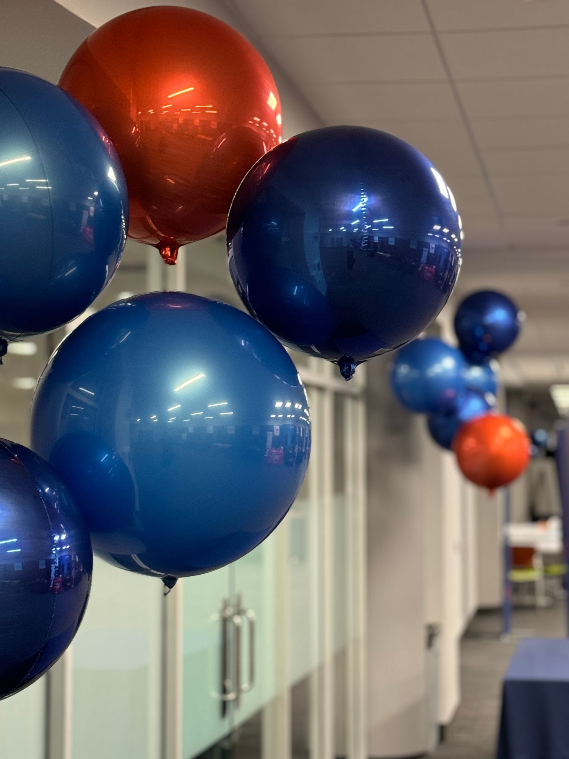 A bunch of blue and red balloons hanging from the ceiling
