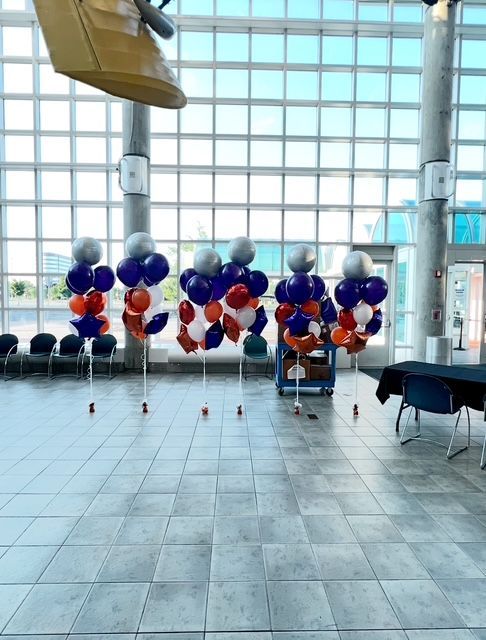 A bunch of blue and red balloons hanging from the ceiling