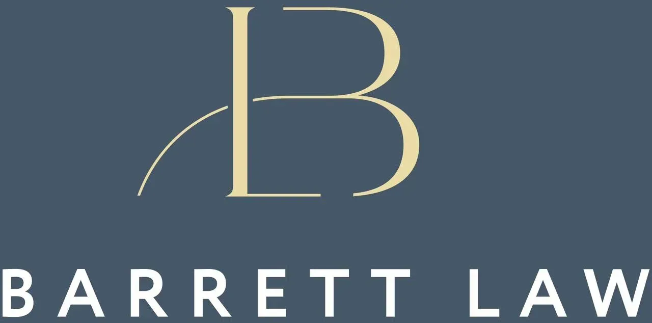Logo for Barrett Law: a gold "LB" over the text "BARRETT LAW" in white on a navy blue background.