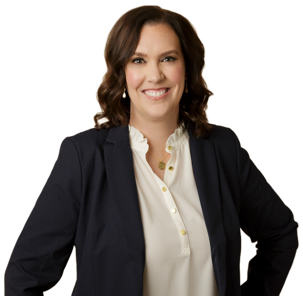 Woman in navy blazer and white blouse, smiling, against a white background.