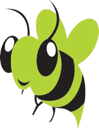 A green and black bee with big eyes is flying in the air.