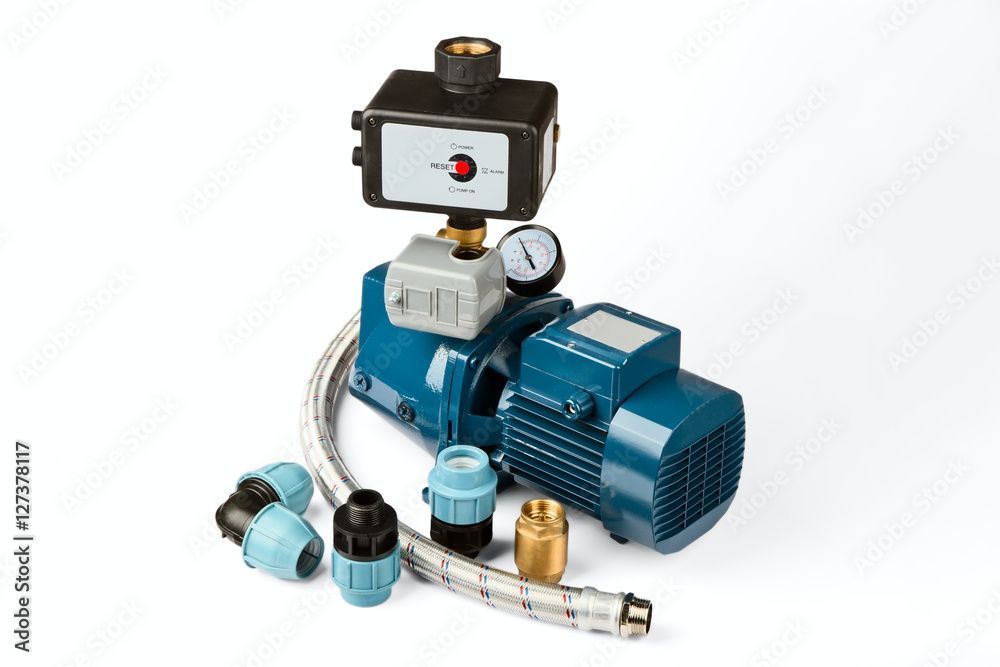 A water pump with a pressure gauge and hose on a white background.