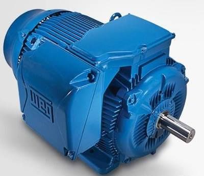 A blue electric motor is sitting on a white surface.
