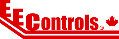 A red and white logo for ee controls with a canadian maple leaf.