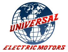 A logo for universal electric motors with a globe in the center