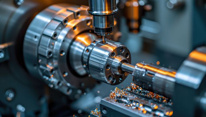 A machine is cutting a piece of metal on a lathe.