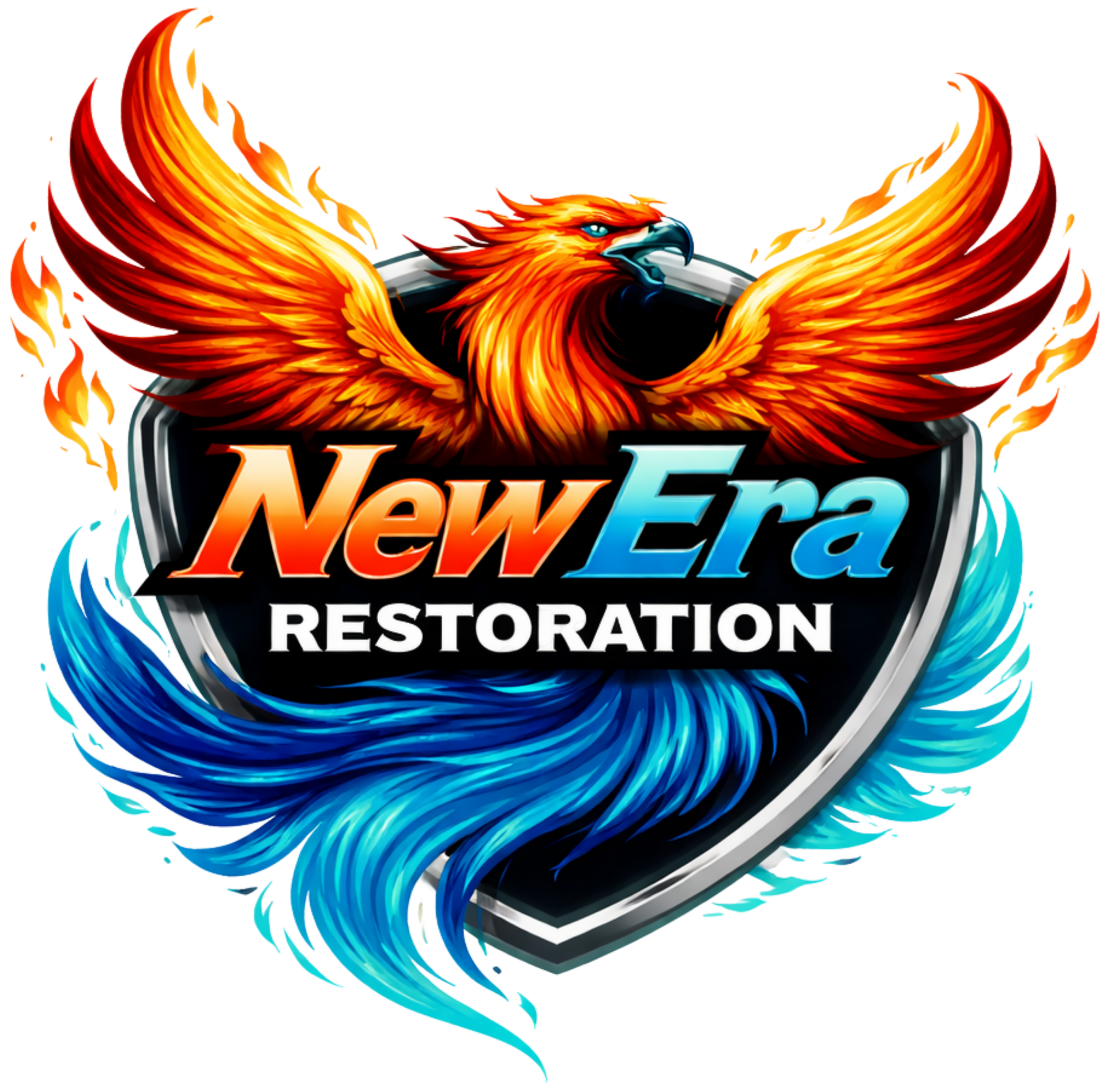 New Era Restoration logo with a fiery orange phoenix above blue wave flames