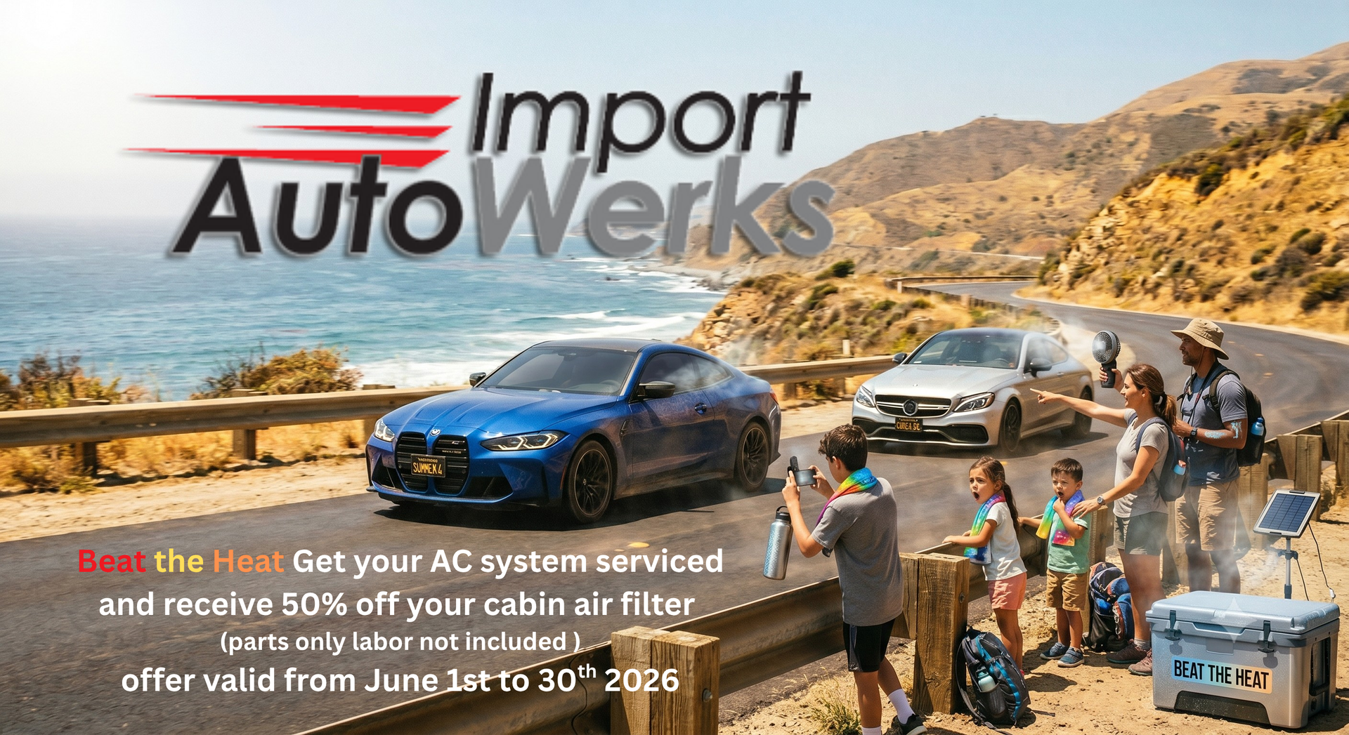 AutoWerks logo over blue sports car by coastal road with people using a cargo box on a sunny cliffside drive