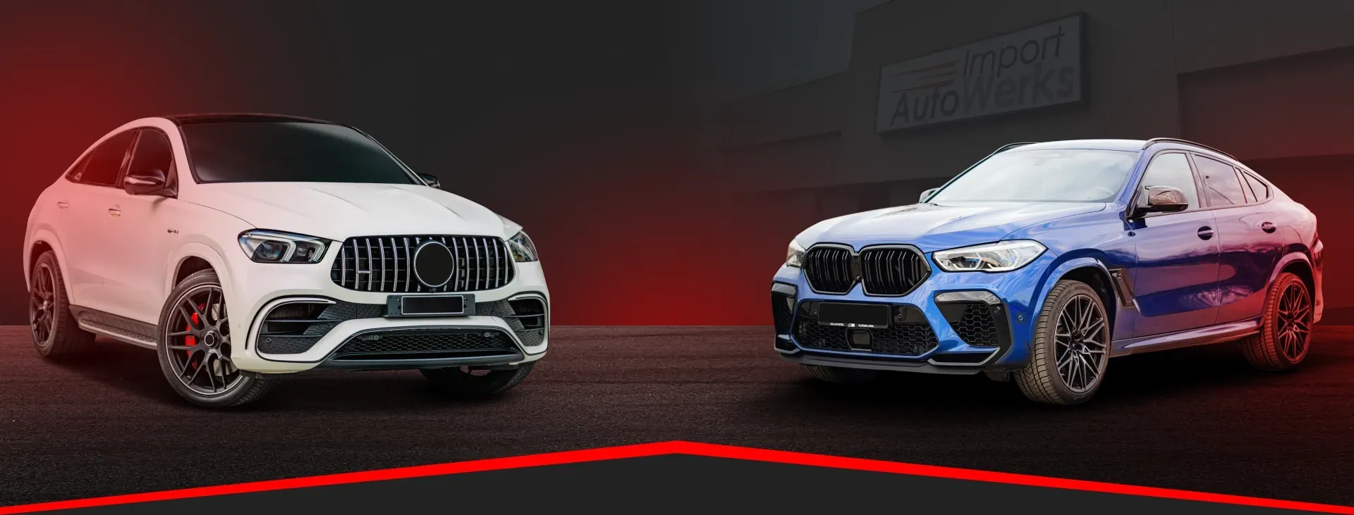 Blue BMW and White Mercedes-Benz facing each other against black and red background | Import Autowerks