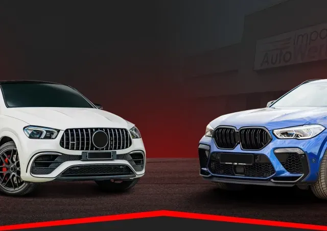 Two cars facing each other against black and red background | Import Autowerks