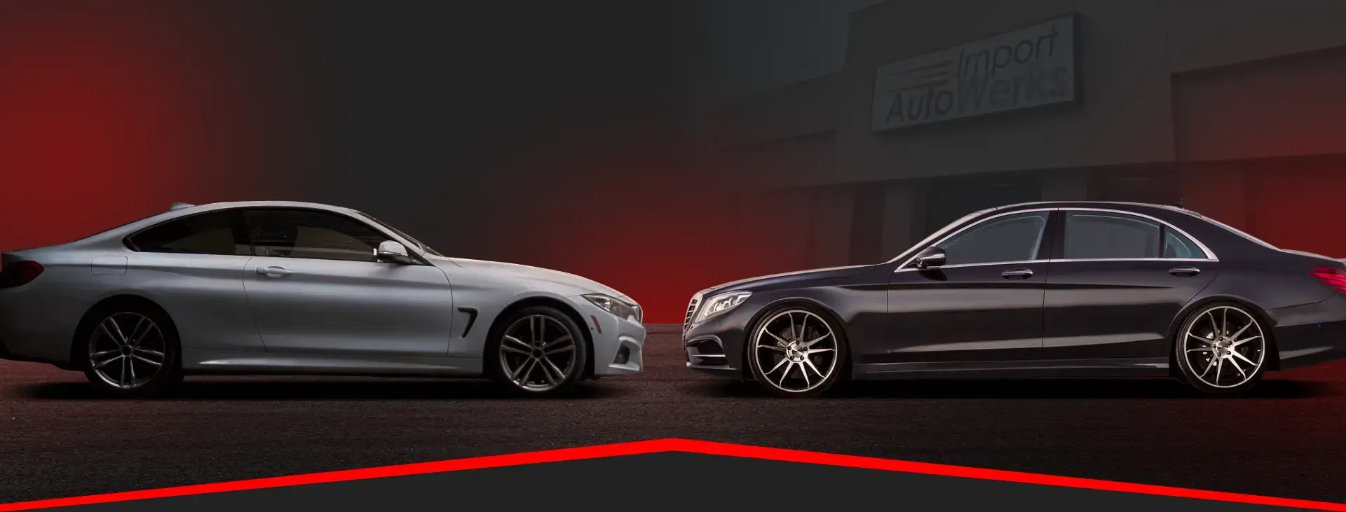 Two cars facing each other against black and red background | Import Autowerks