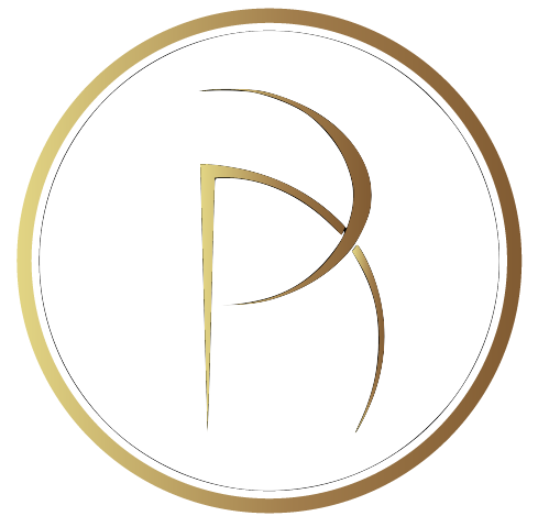 The letter b is in a gold circle on a white background.