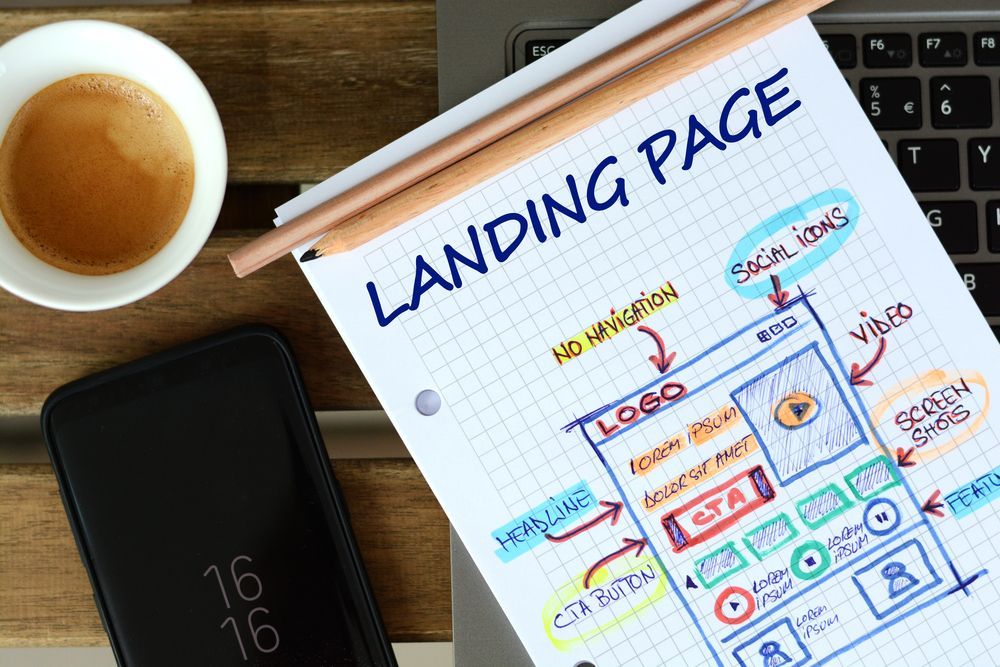 A landing page is being drawn on a piece of paper next to a cell phone and a cup of coffee.