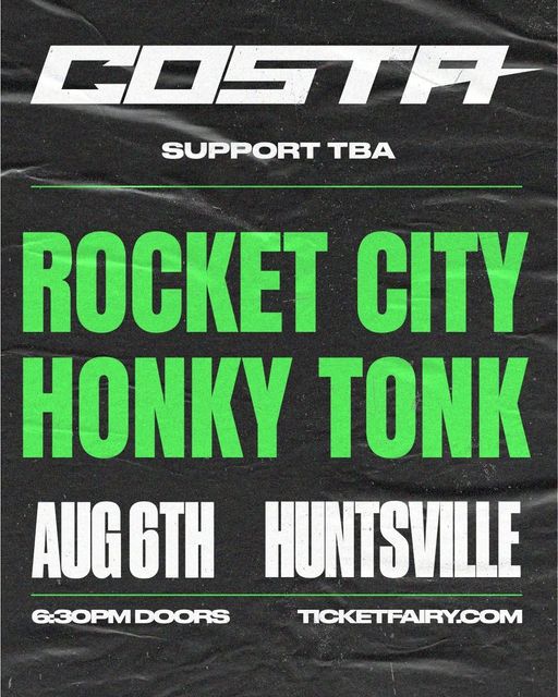 Bold white text top and bottom. Neon green text with venue name.