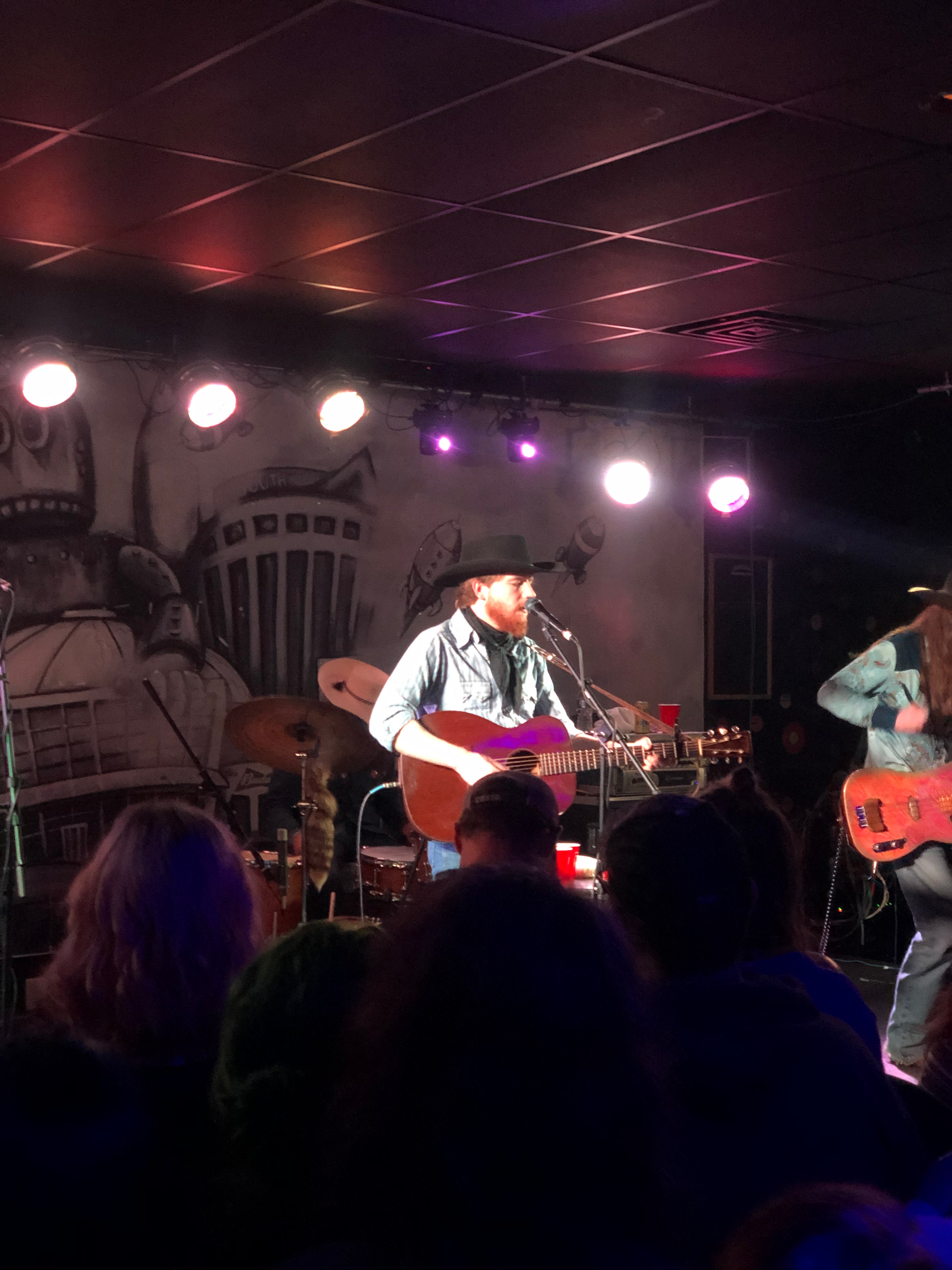 A man in a cowboy hat is singing into a microphone while playing a guitar on stage.
