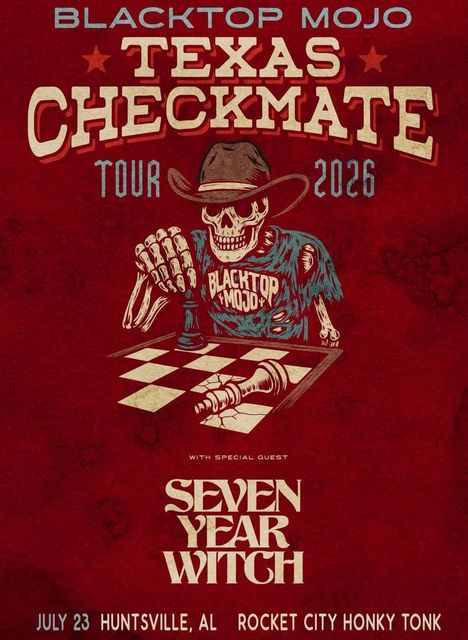 Red background. Skeleton wearing a cowboy hat playing chess.