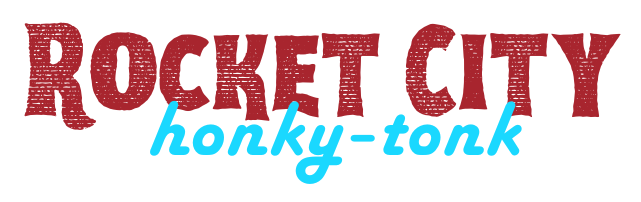 A red and blue logo for rocket city honky-tonk