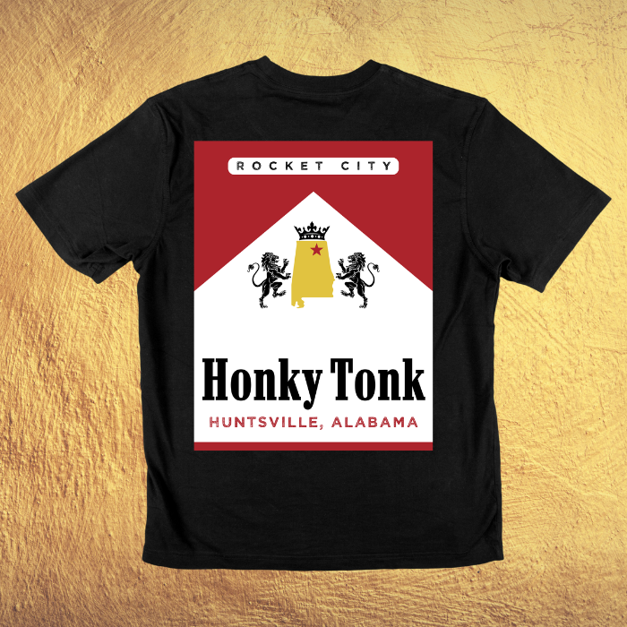 A black t-shirt with a red marlboro logo on it