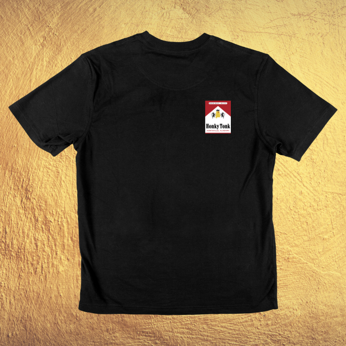 A black t-shirt with a red marlboro logo on it