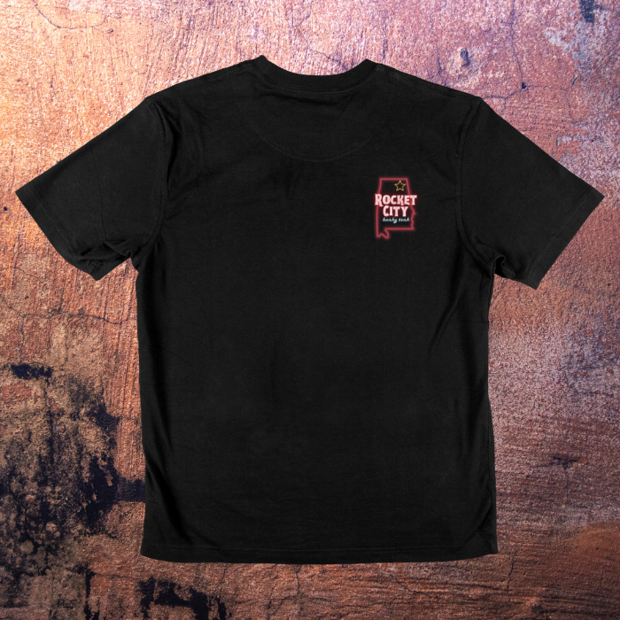 A black t-shirt with the word rocket on it