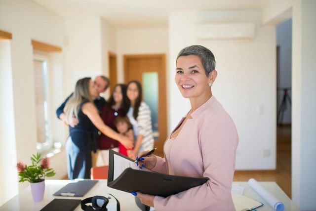 A smiling professional in a pink blazer holds a folder, with a family in the blurred background of a brightly lit room.