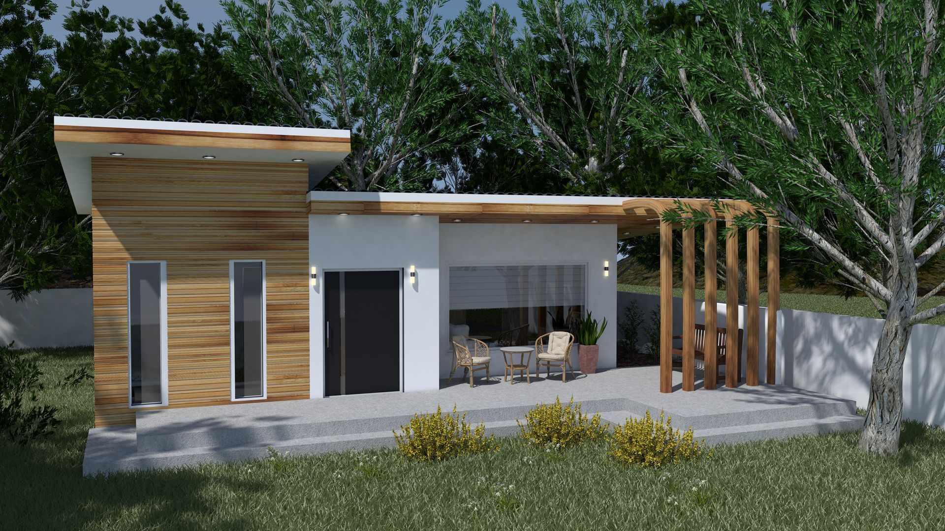 An artist 's impression of a modern house with a patio and trees in the background.