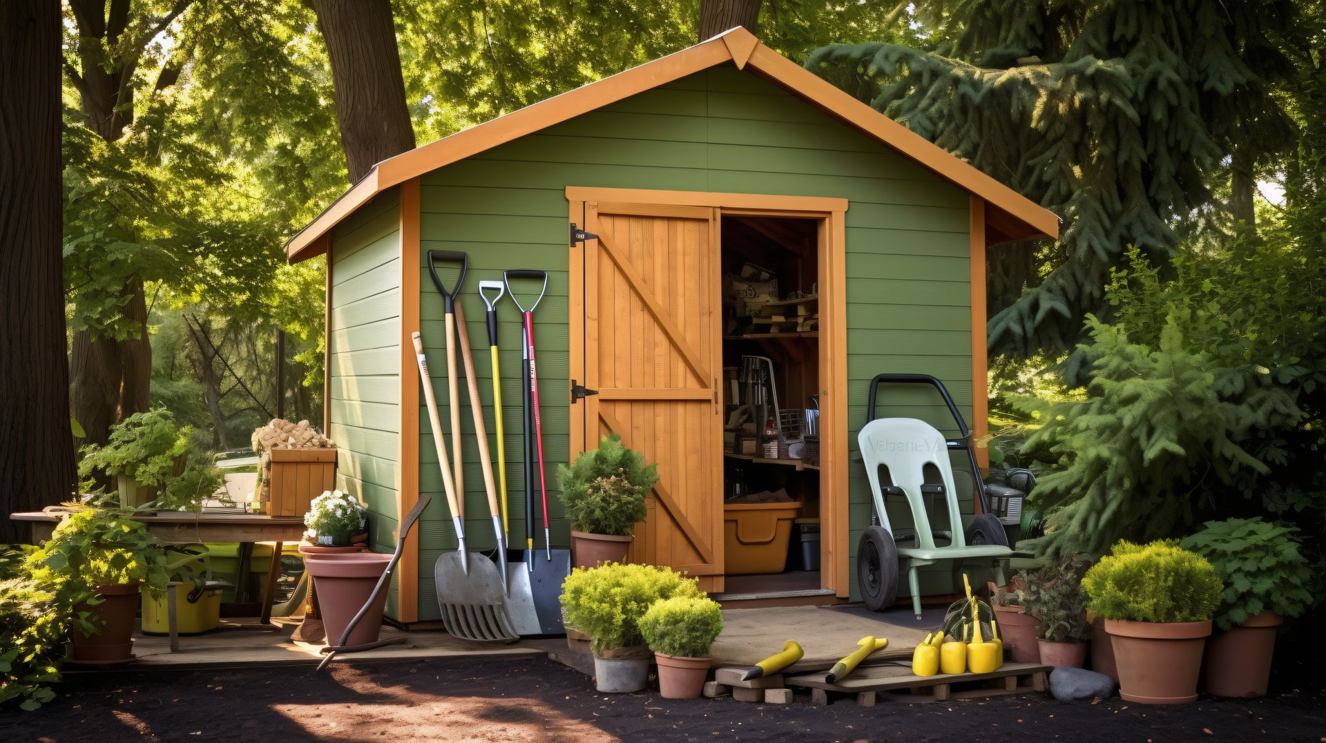 A green shed filled with potted plants and gardening tools