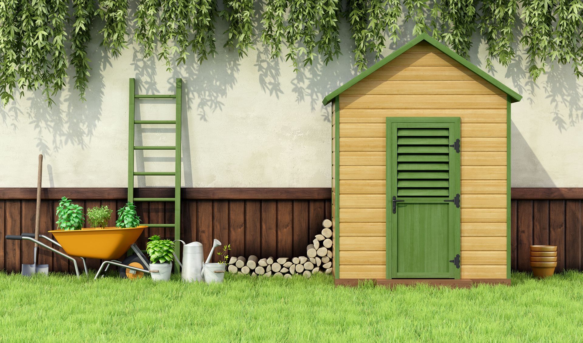 A wooden shed with a green door and a wheelbarrow in front of it.