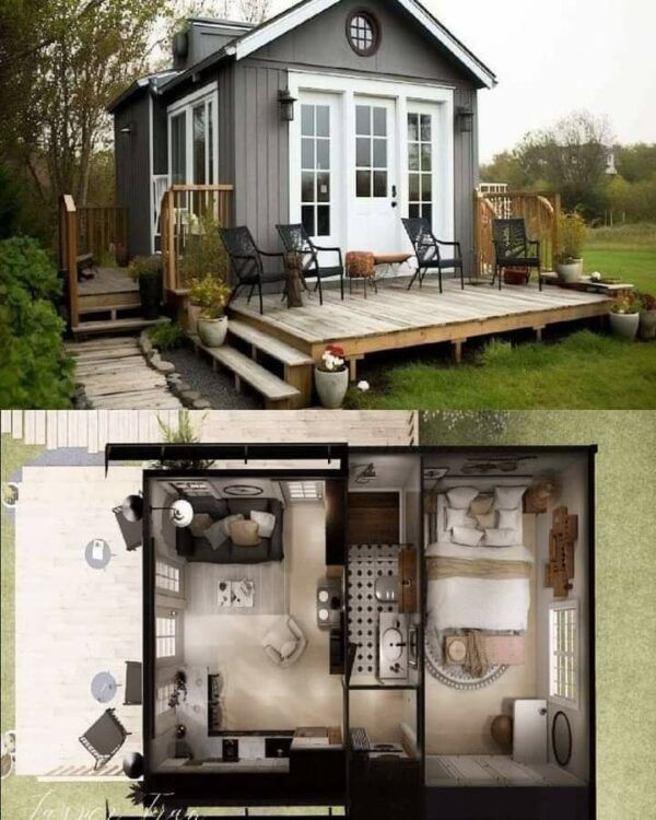 An aerial view of a small house with a deck