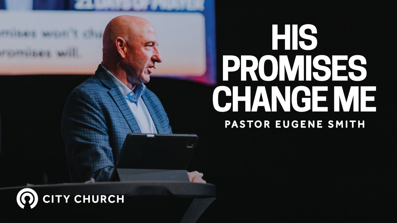 Pastor Eugene Smith preaching during the City Church message titled ‘Thankfulness Changes Everything’ with a blue illustrated background.