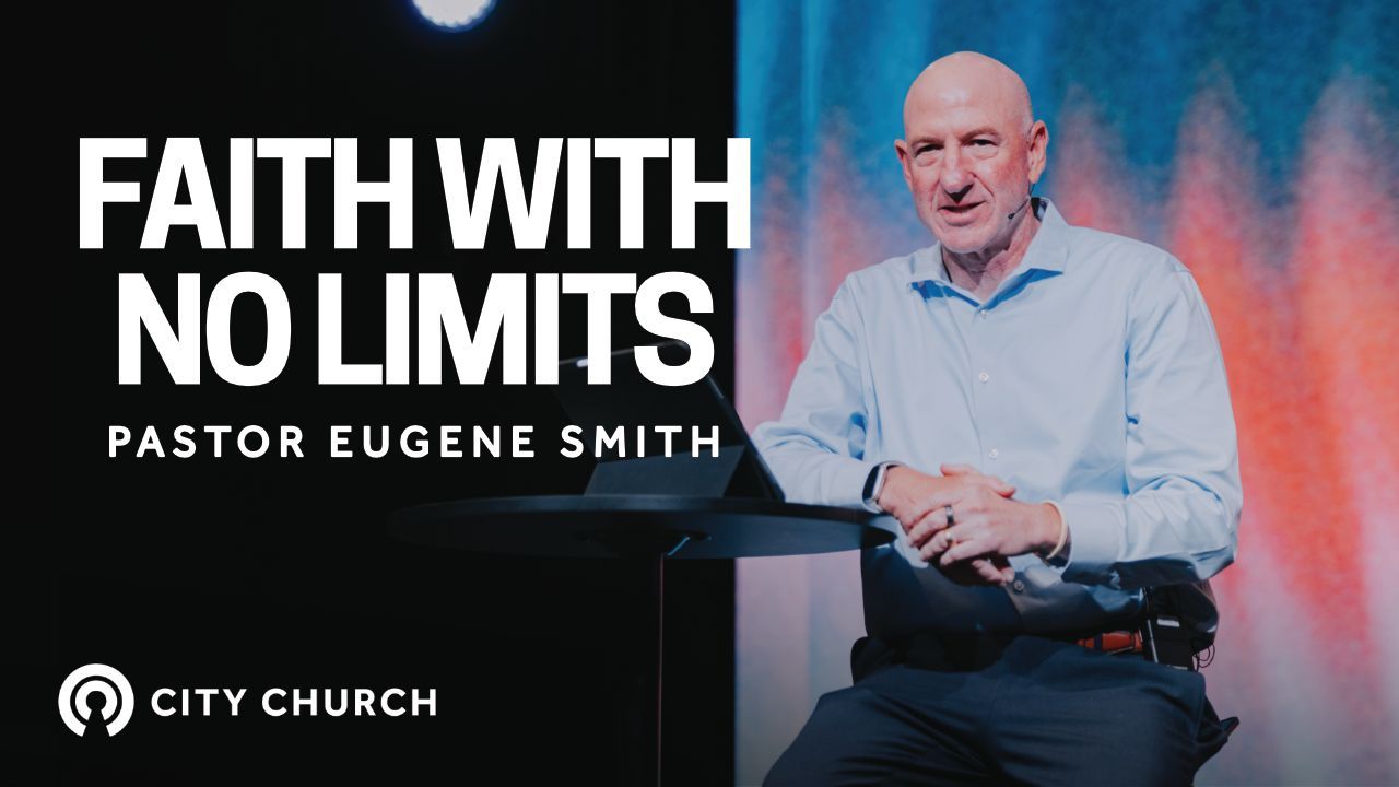 Pastor Eugene Smith preaching during the City Church message titled ‘Thankfulness Changes Everything’ with a blue illustrated background.