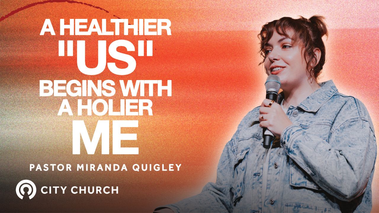 Pastor Eugene Smith preaching during the City Church message titled ‘Thankfulness Changes Everything’ with a blue illustrated background.