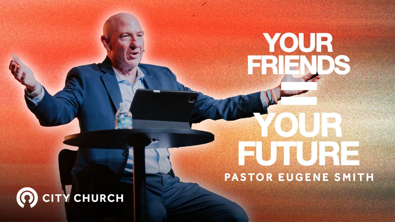 Pastor Eugene Smith preaching during the City Church message titled ‘Thankfulness Changes Everything’ with a blue illustrated background.