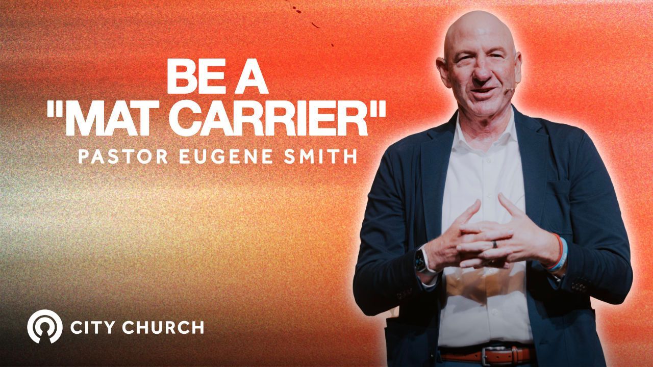 Pastor Eugene Smith preaching during the City Church message titled ‘Thankfulness Changes Everything’ with a blue illustrated background.