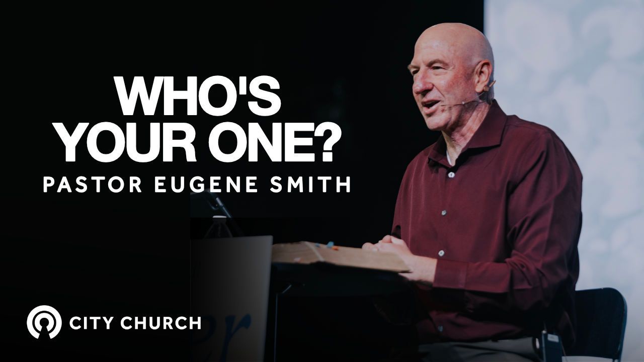 Pastor Eugene Smith preaching during the City Church message titled ‘Thankfulness Changes Everything’ with a blue illustrated background.