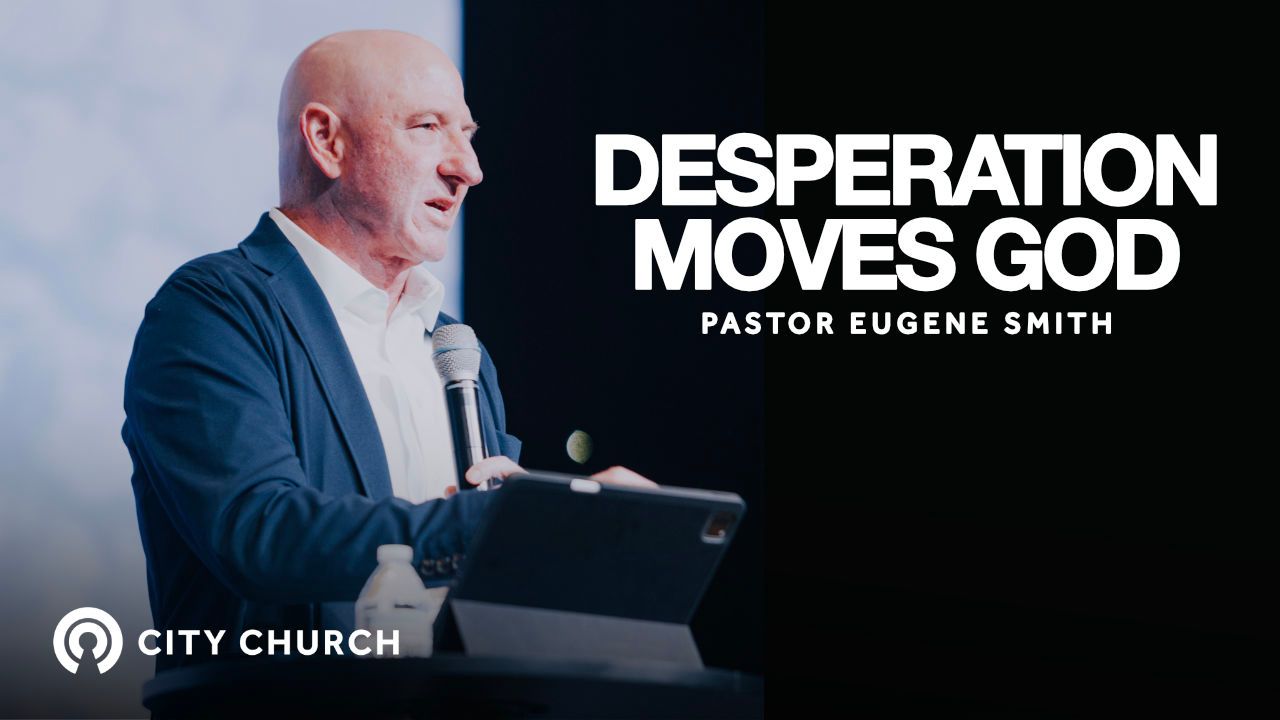 Pastor Eugene Smith preaching during the City Church message titled ‘Thankfulness Changes Everything’ with a blue illustrated background.