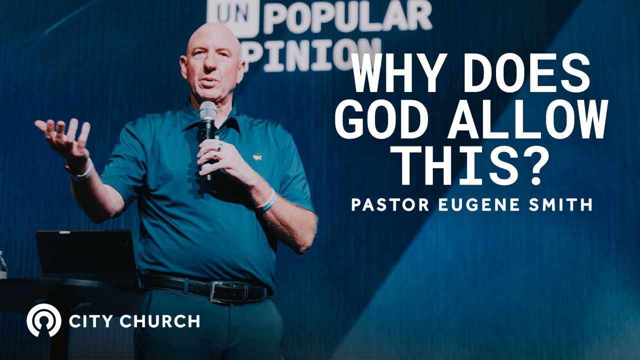 Pastor Eugene Smith preaching during the City Church message titled ‘Thankfulness Changes Everything’ with a blue illustrated background.